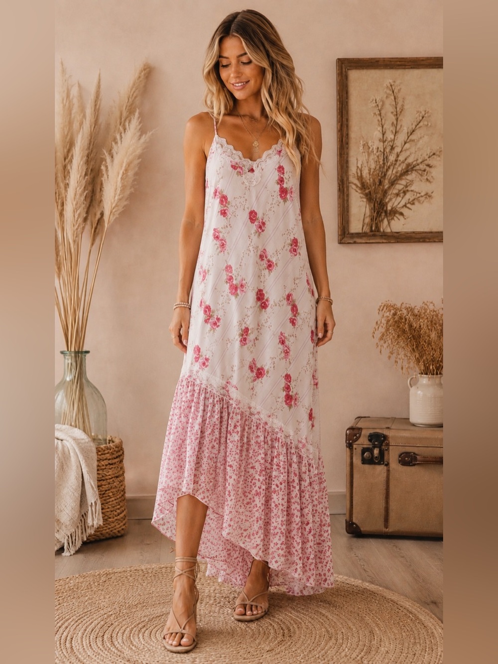 Vintage 90s California Dynasty Floral Lace-Trim Pink & White Slip Maxi Dress